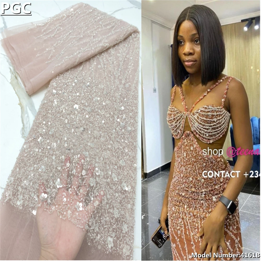 

PGC Luxury African Lace Fabric 5 Yards with Sequin High Quality Bead Tube Mesh Lace Fabric for Wedding Sewing 4161B