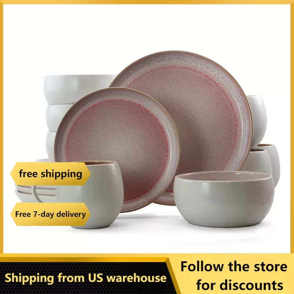 

Free Shipping Utensils for Kitchen Accessories Mocha Mauve 16 Piece Stoneware Dinnerware Set in Purple Plates Bowl Tableware Bar