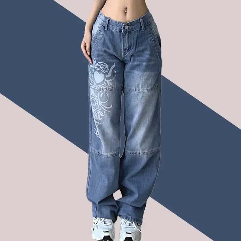 Harajuku Printed Cargo Jeans Y2K Dark Blue Brown High Waist Streetwear 90S Baggy Jeans Women Pants Straight wide leg jeans