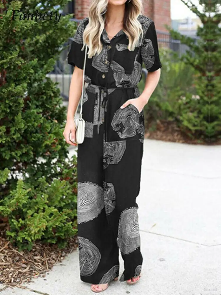 

Summer Women Short Sleeve Long Rompers Vintage Floral Print Work Wide Leg Overalls Ladies Casual Lapel Button Lace Up Jumpsuits