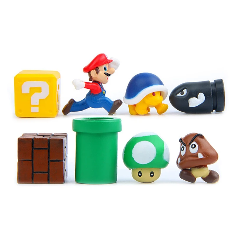 

8pcs/set Mini Super Mario Bros Figure Mario Bullet Mushroom Tortoise Wall Well PVC Action Figure Model Toys DIY Decoration Gift