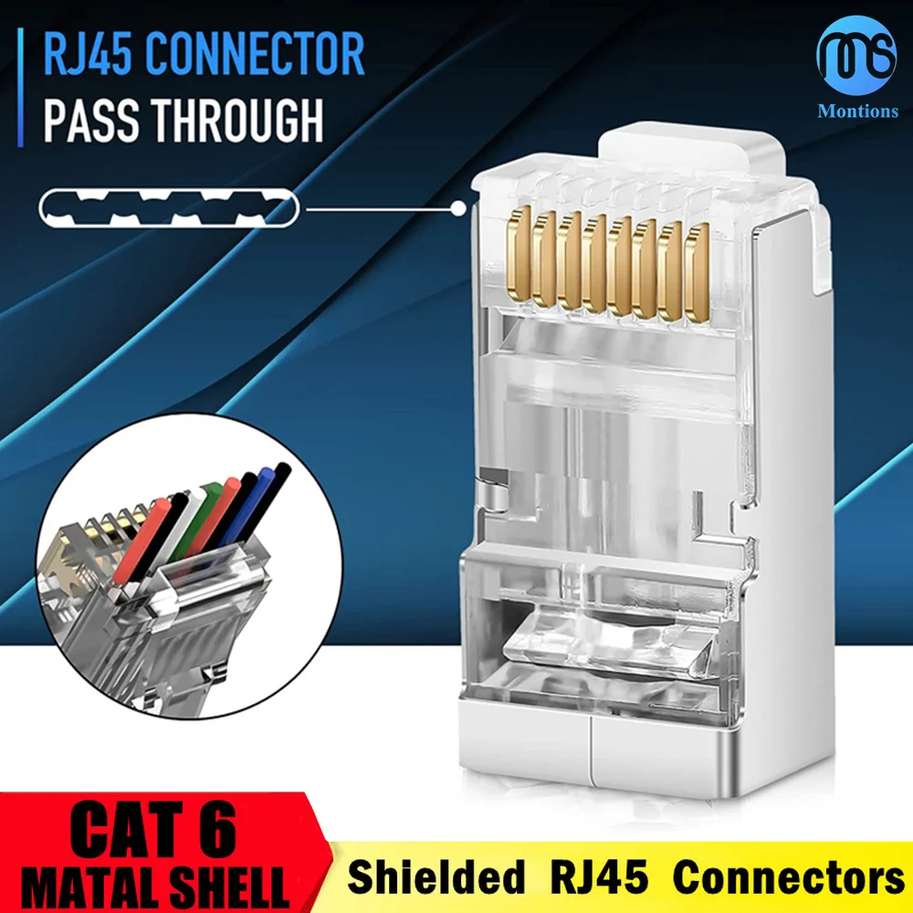 Shielded RJ45 Cat6 Cat 6A Pass Through Connecto Gold Plated 8P8C RJ45 Connectors Modular Plug Crimp End Ethernet Cable