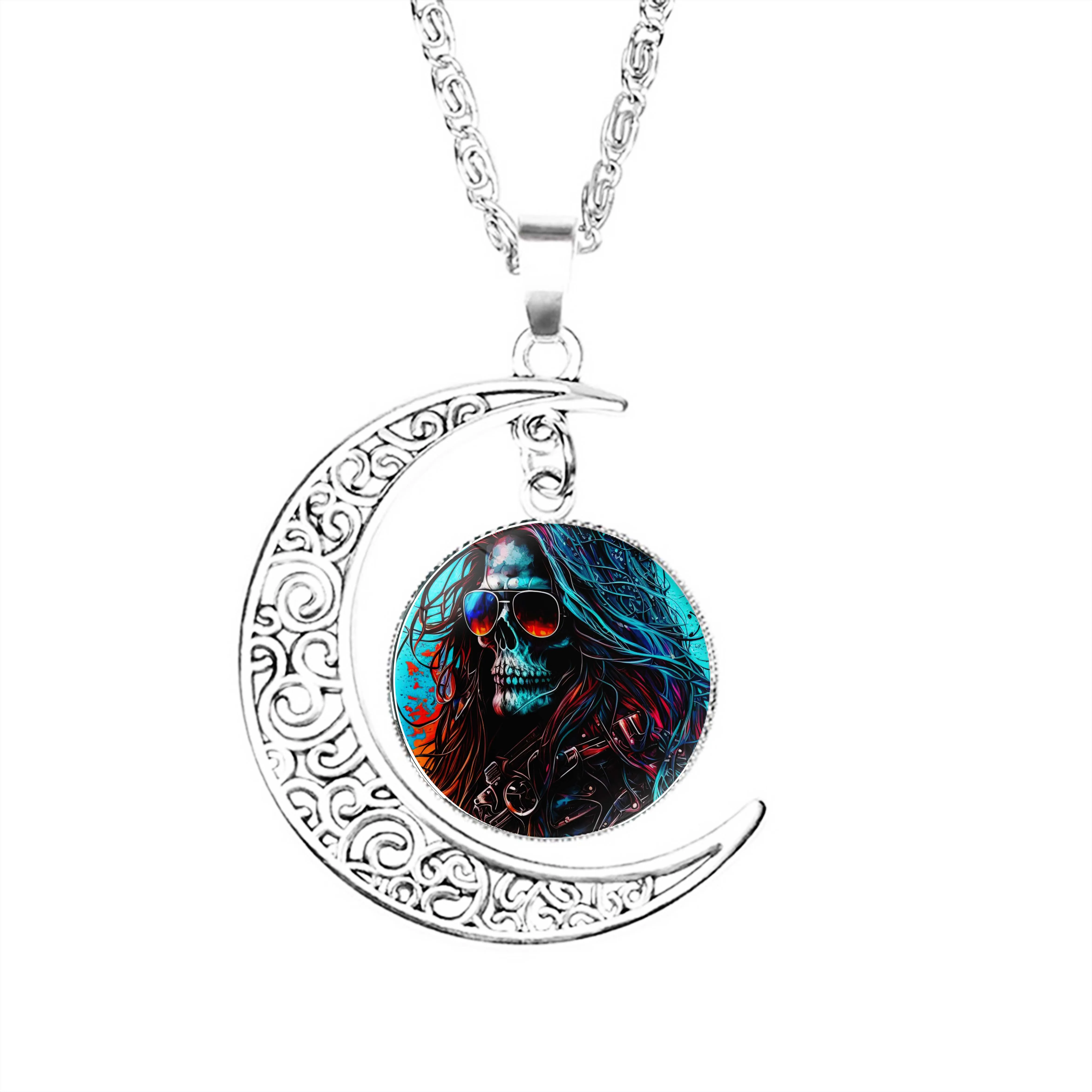 

Peace Skull Moon Necklace Men Women Jewelry Stainless Steel Fashion Gifts Charm Pendant Crescent Jewelry Glass Dome Boy Girls