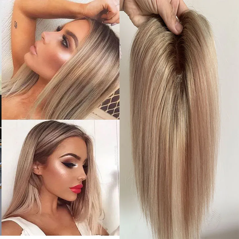 

16*18 Virgin Human Hair Ombre Highlight Blonde Topper Clip in Toupee for Women European Hair Small Hairpiece for Thinning Hair