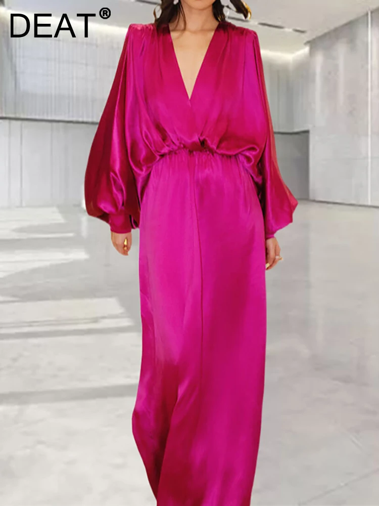 

Женское свободное платье с открытой спиной DEAT, однотонное вечернее платье с глубоким V-образным вырезом и длинным рукавом, осень 2023, 13DB2751