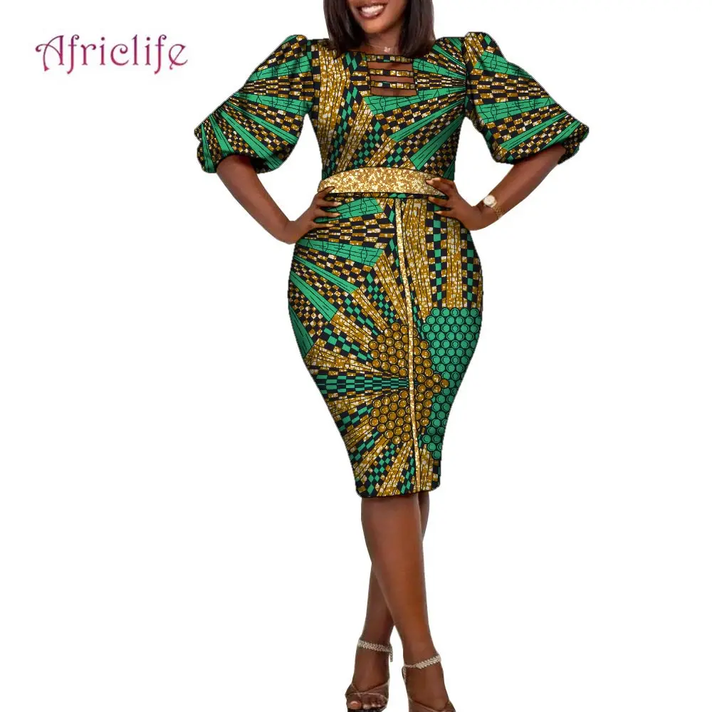 African Women's Printed Dress Lantern Half-sleeve Ankara Knee-length Dress Traditional Clothing Wy10263