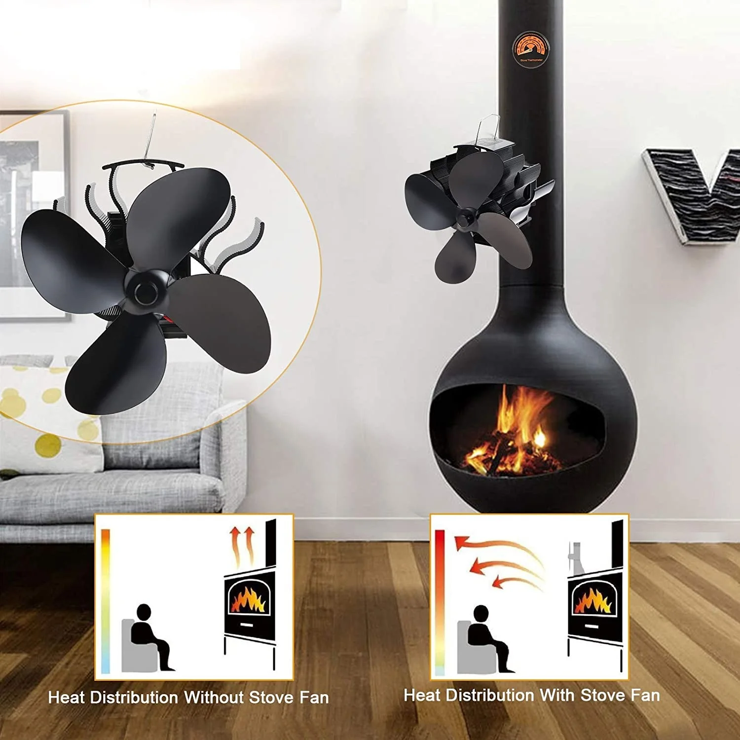 

1set Heat Powered Stove Fan 4 Blades Flue Pipe Hanging Fireplace Fan Wood Logs Burners Eco Friendly + Thermometer Warm Air Blow