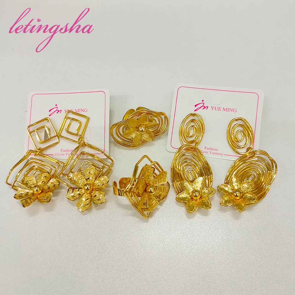 

Copper Gold Color Earrings and Rings Set For Women African Dubai Flower Jewelry Sets For Wedding Party Gifts Accessorise