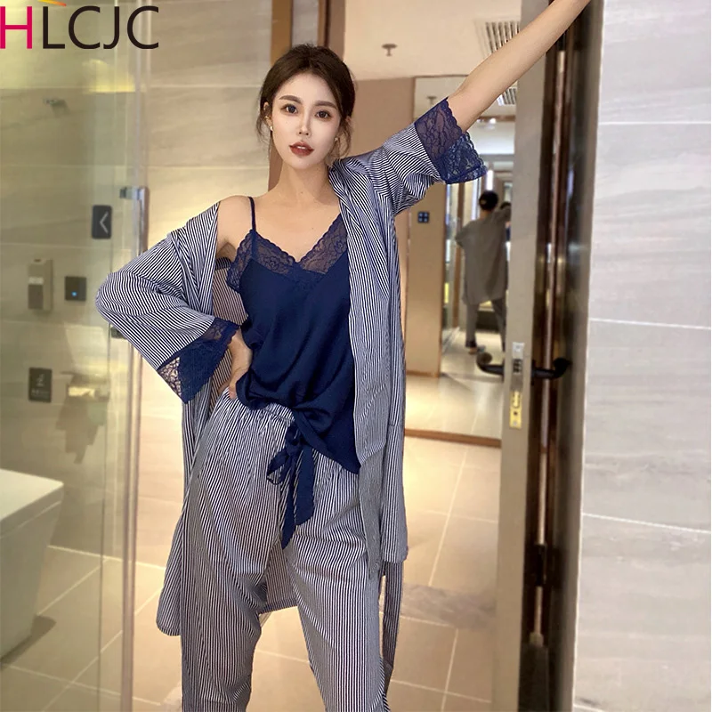 

3Pcs Pajamas Set Satin Silk Pajama Suit for Women With Cardigan+Sling+Pants Sexy Sleepwear Home Suit Robe Sets Women's Nightie