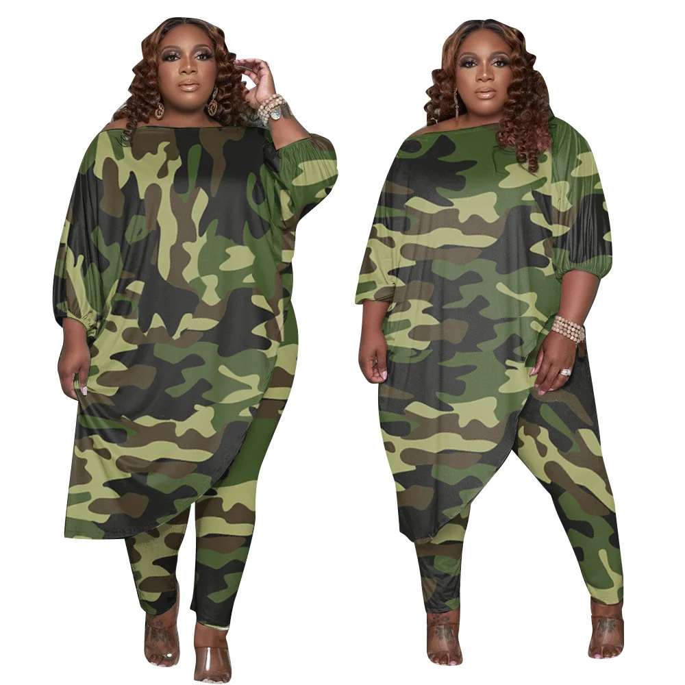Plus Size Autumn Style Trendy Women Clothing Tracksuit Womens Long Loose Camouflage Oblique Shoulder Wholesal 3xl 4xl 5xl 6xl
