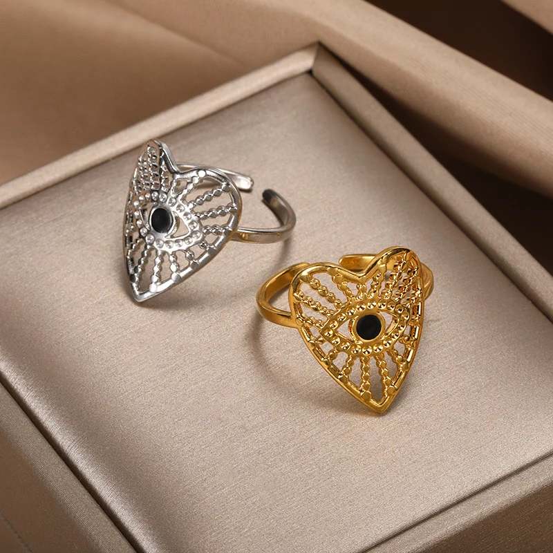 

Heart Shaped Eye Stainless Steel Rings For Women Opening Adjustable Finger Accessories Vintage Ring Jewelry Bff Gifts