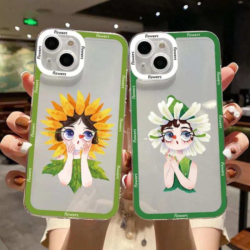 

Cute Cartoon Colorful Flower Fairy Elves Big Eyed Girl Clear Phone Case For iPhone 13 14 12 11 Pro Max XS XR X 7 8Plus SE2 Cover