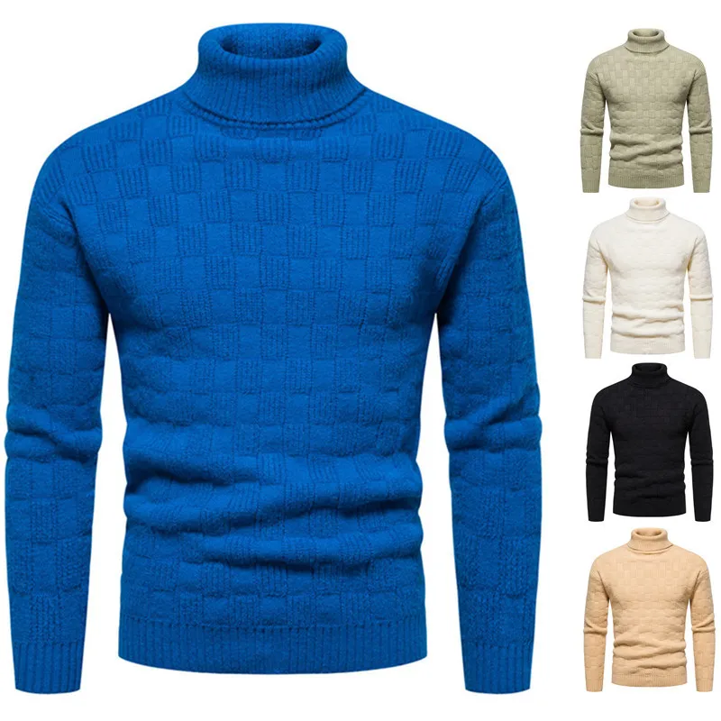 

LUCLESAM Men's Plaid Jacquard Sweater Turtleneck Royal Blue Knitted Pullover Slim Fit Winter New Fashion Man Bottoming Knitwear