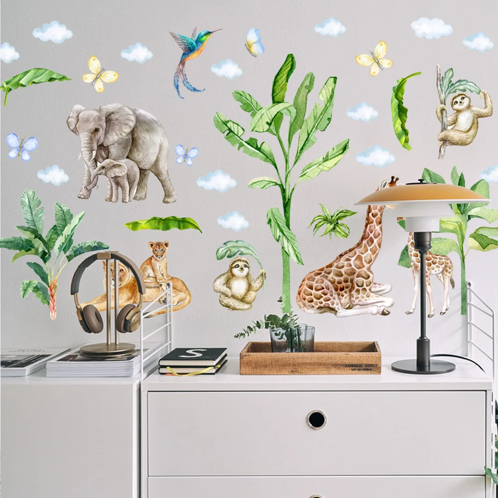 Мультяшный динозавр животные Лев тропические листья акварель стикер на стену