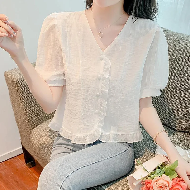 Новая корейская модная блузка с оборками Sumemr коротким рукавом и V-образным