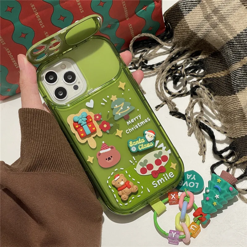 Cute Cartoon Christmas Elk Bear Flip Mirror Mobile Phone Case For IPhone14 11 12 13 Pro Max XS  XR With Lanyard