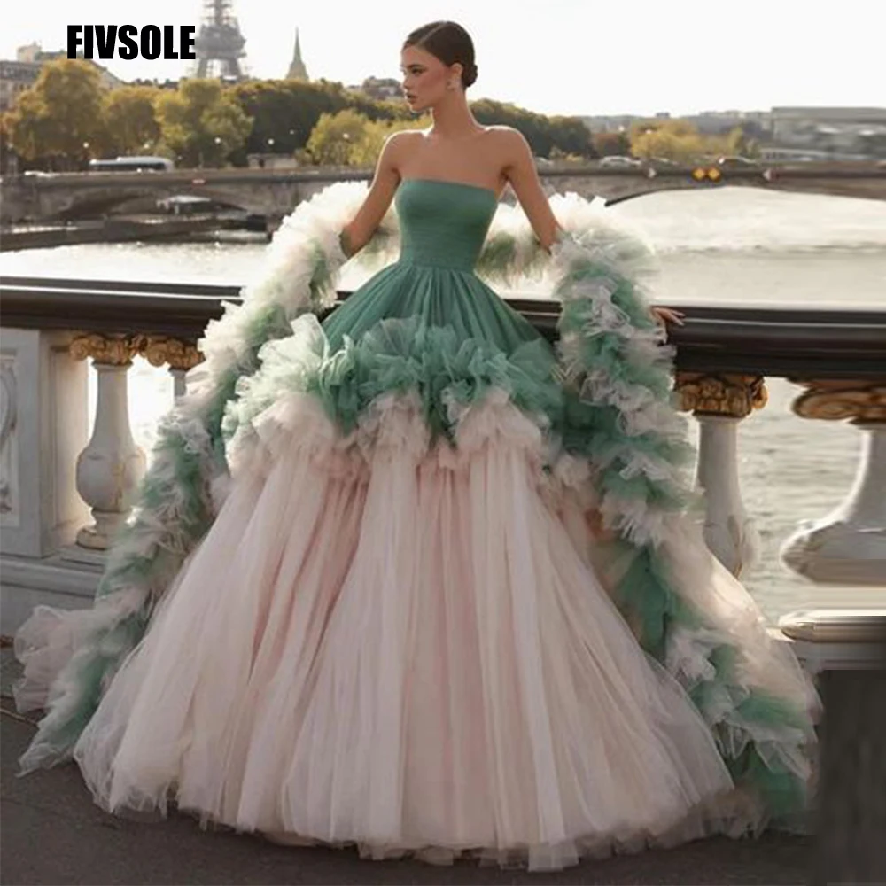 

Fivsole Pink and Green ff The Shoulder Tulle Prom Dress Fashion Ruffles Pleat Long Evening Gowns Plus Size Vestidos De Noche