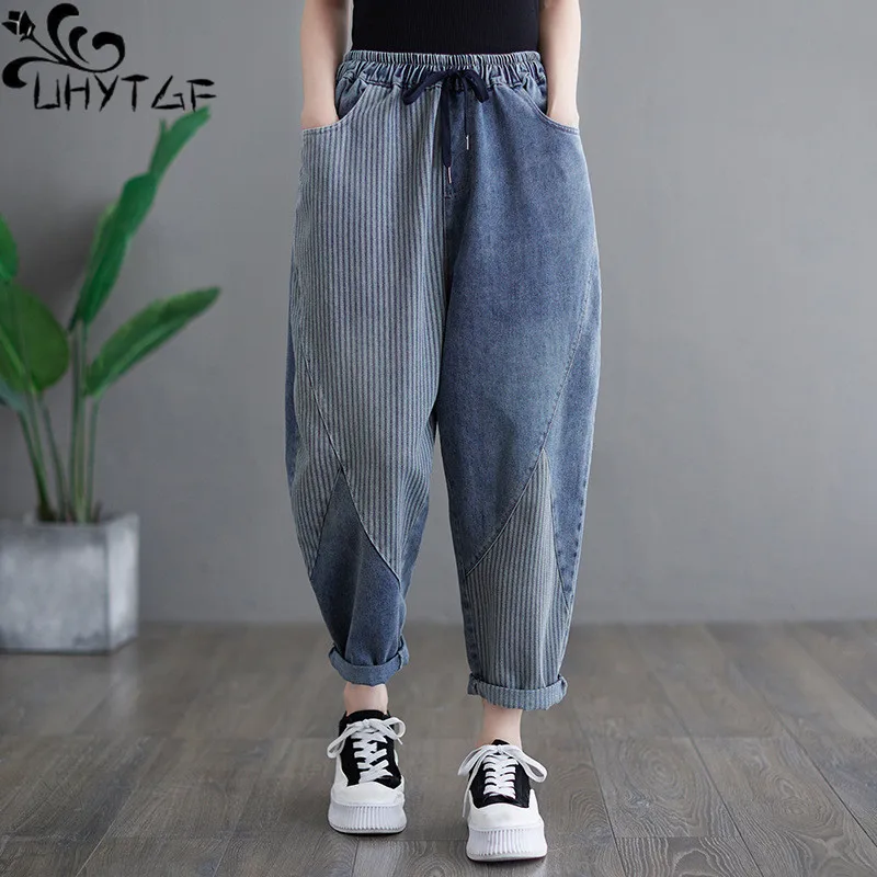 

Джинсы UHYTGF женские весенне-осенние новые полосатые сращивающиеся Большие размеры эластичная талия тонкие дамские брюки Harlan девять точек