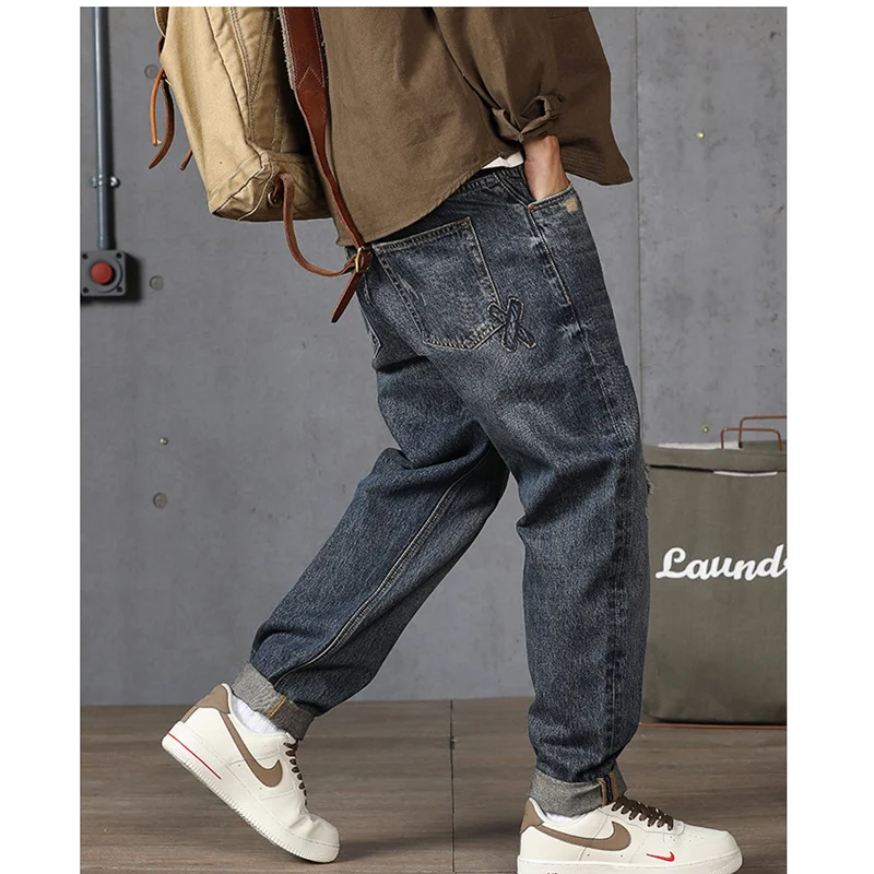 Streetwear Men 2022 New Pattern Vintage Recreational Navy Blue Jeans Loose Broad Straight Cylinder Leg Trousers Autumn Female