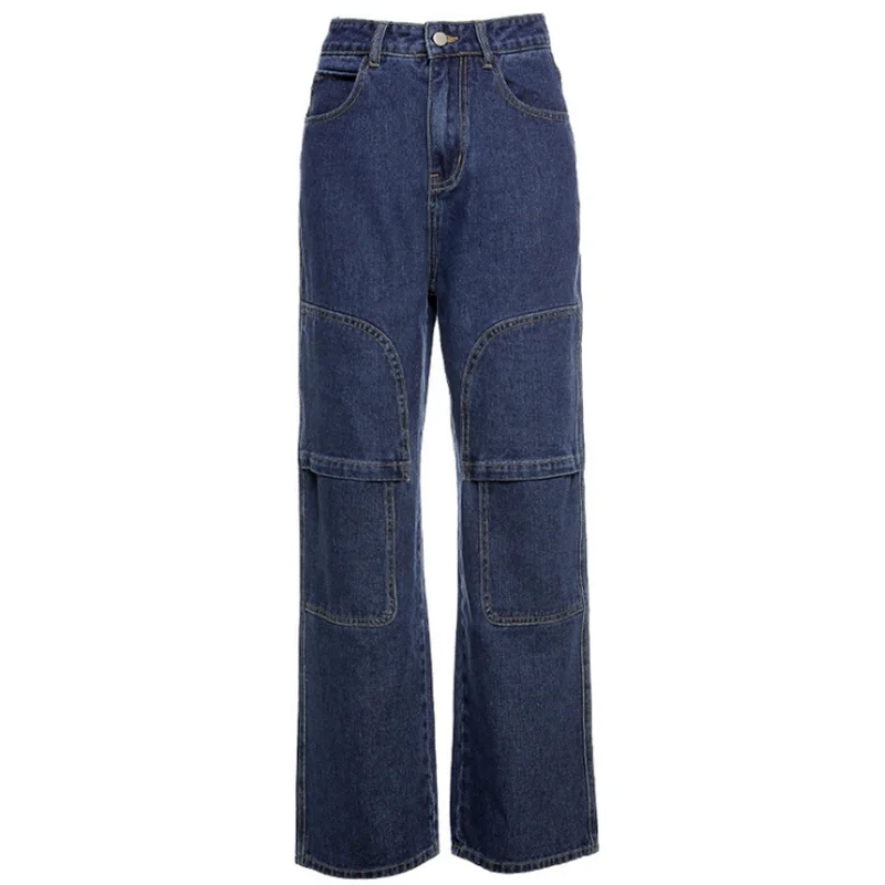Women Fashion High Waist Harajuku Patchwork Stitched 90s Aesthetic Loose Jeans Y2k Blue Straight Vintage Cargo Denim Pants Pop