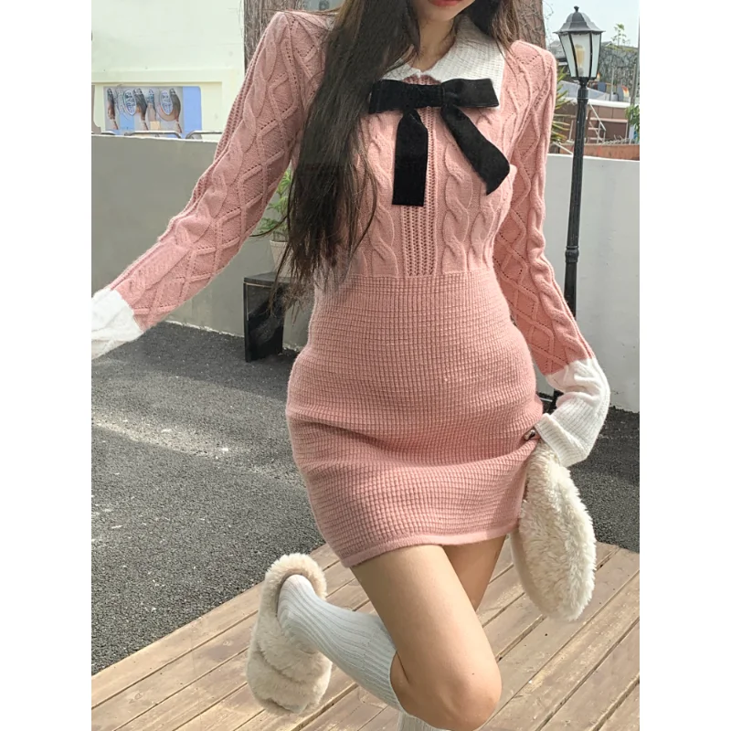 

Зима 2022, элегантное вязаное платье-свитер, женское облегающее мини-платье с бантом Y2k, женская верхняя одежда, облегающее цельное платье, кор...