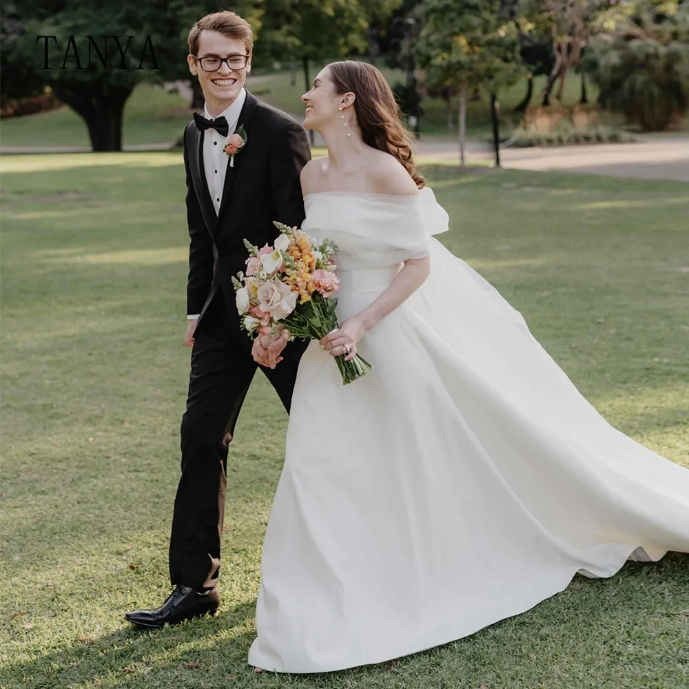 Женское атласное свадебное платье элегантное ТРАПЕЦИЕВИДНОЕ ПЛАТЬЕ со шлейфом и