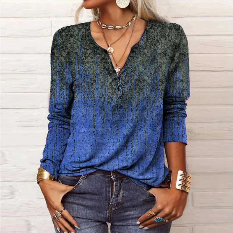 New Vintage Ethnic Style Floral Print Autumn Winter Womens Blouse Tops Casual Long Sleeve V-Neck Straight Boho Shirts Streetwear