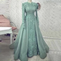 vestidos de gala 2022 turquoise muslims lace evening dresses long sleeve appliques arabic special occasion formal prom gowns
