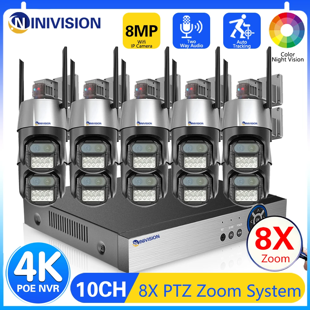 

8MP Wireless Video Surveillance Kit 4K NVR CCTV IP Camera Security System H.265 Plug&Play for Home Auto Tracking PTZ Cam 10CH