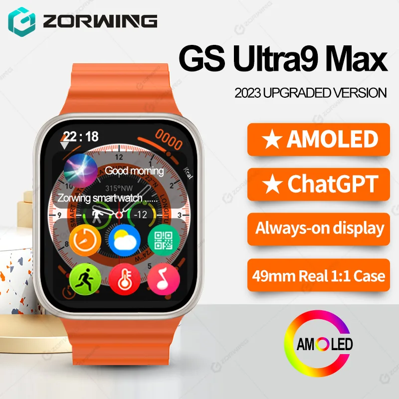

GS Ultra 9 Max AMOLED ChatGPT Smart Watch Men 49mm Compass NFC Smartwatch Blood Pressure AOD Fitness Watch for Android IOS 2023