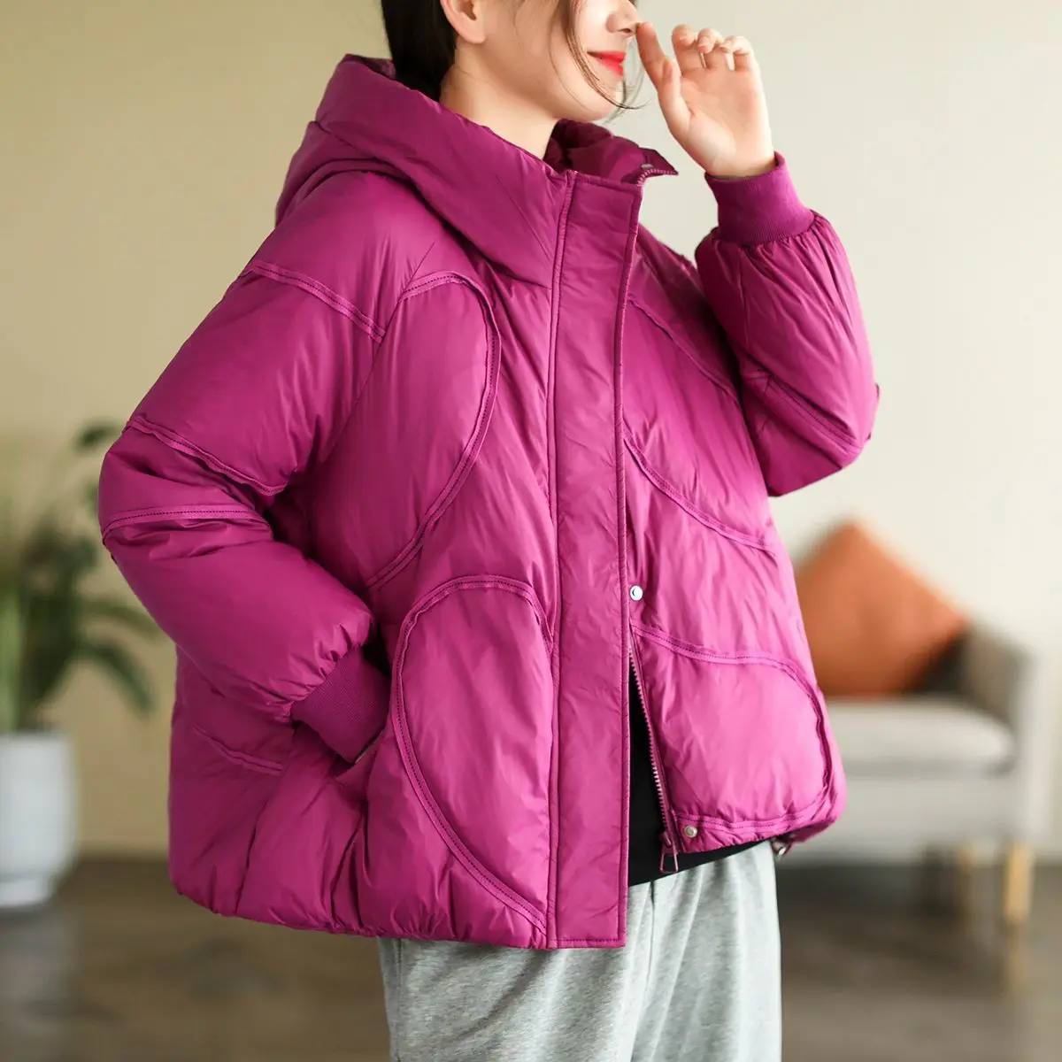 Women 2023 New Winter Korean Style White Duck Down Loose Jackets Fashion Casual Ladies Long Sleeve Hooded Coats Tops C56