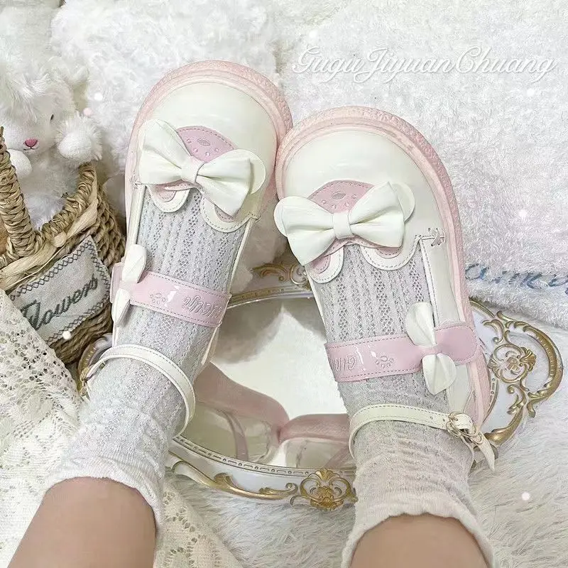 Kawaii Lolita Shoes Japanese Style Bow Tie Patchwork Autumn Cute Woman Flats 2022 Fashion All-match Sweet Ladies Footwear