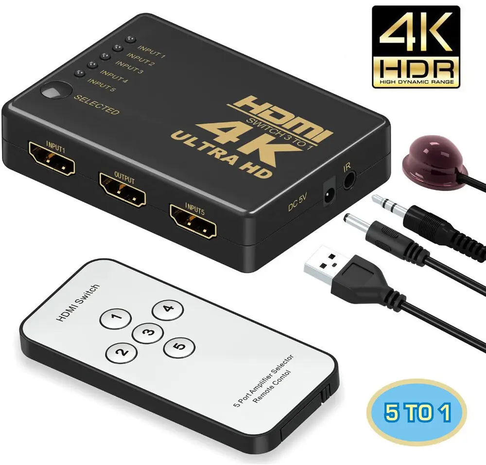 

4K 60Hz Ultra HD HDMI Switch Splitter 5 Port Selector Switcher Hub IR Remote HDTV 5 In 1 Out Supports HDMI 1.4 Xbox PS5 Apple TV