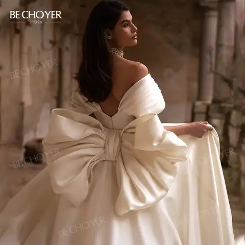 Wedding Dress 2 In 1 Bow Sleeveless Bride Gown 2023 Sweetheart Satin A-Line Court Train Princess BECHOYER EL201 Vestido de Noiva