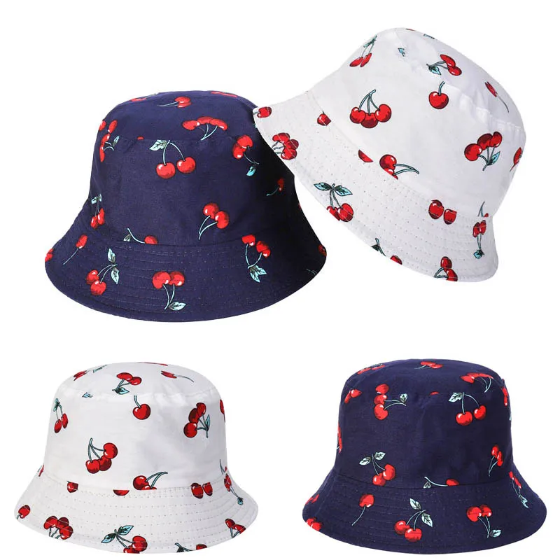 

Buckets Hats Blue White Cherry Hat For Men Women Panama Fisherman Caps Double Size Summer Fishing Bucket Sun Hat Flat Top Cap