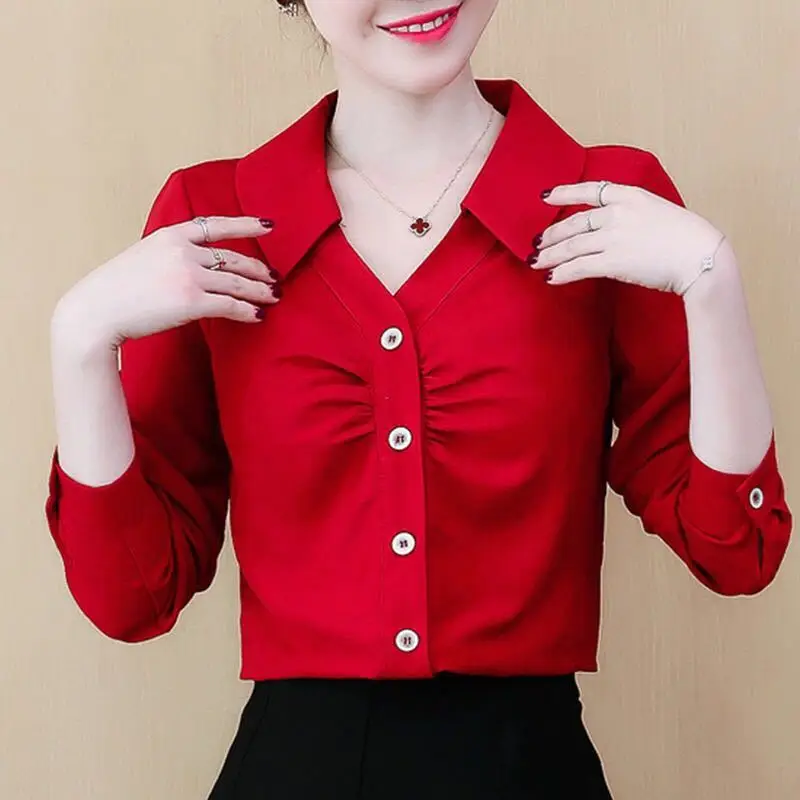 Fashion Office Lady Long Sleeve Button Shirt Elegant Basic Turn-down Collar Folds Solid Color All-match Blouse Women's Clothing