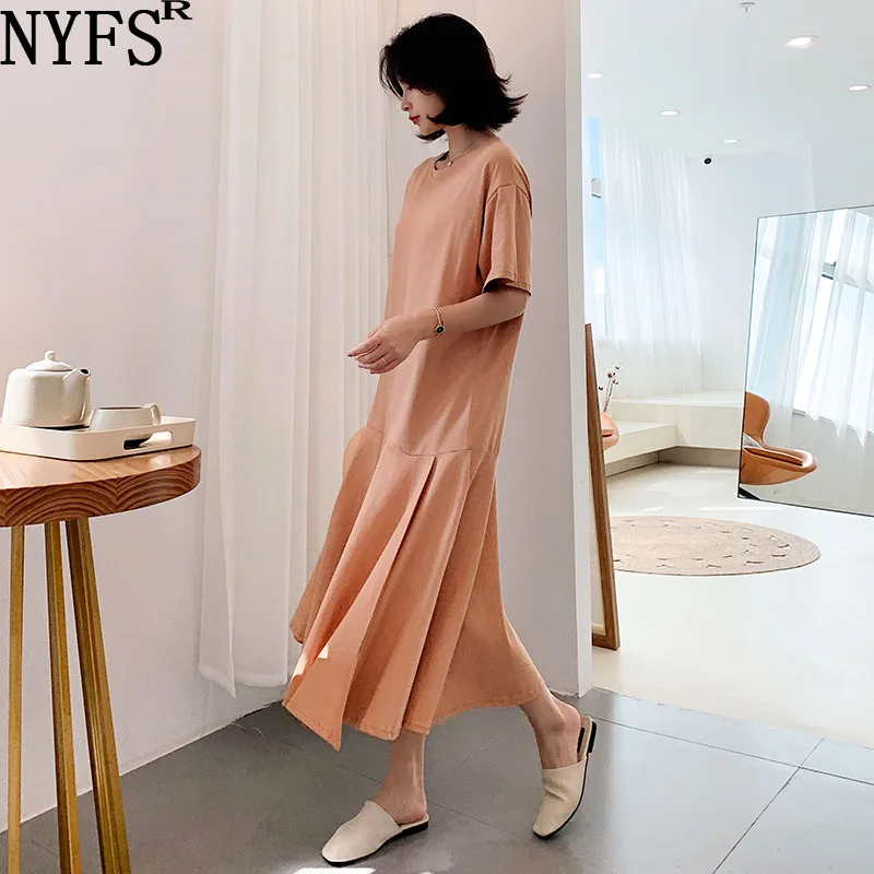 

NYFS 2022 Summer New Korea Woman Dress Vestidos Robe Elbise Cotton Loose Plus Size Solid Short Sleeve Long Dresses