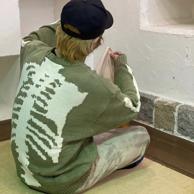 

Men Sweater Green Loose Skeleton Bone Printing Woman High Quality High Street Damage Hole Vintage 1:1 Knitted Sweater