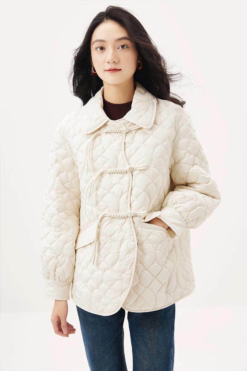 Winter Thin Chinese Style  Winter Coat Women  90%  White Duck Down  Covered Button  Wide-waisted  Button  Jackets for Women