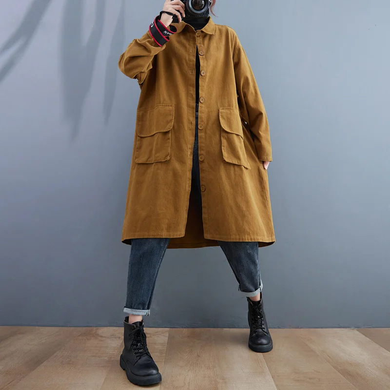 

Japanese Fashion Safari Style Vintage Autumn Winter Trench Coats Pockets Single Breasted Loose Women Spring Casual Outwear Coats