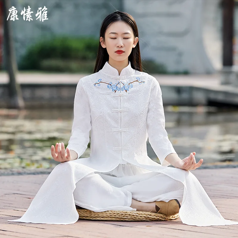 Cotton Linen Women Tai Chi Martial Arts Yoga Suit Chinese Traditional Sweatshirt+pant Casual Workout Meditation Set Activewear