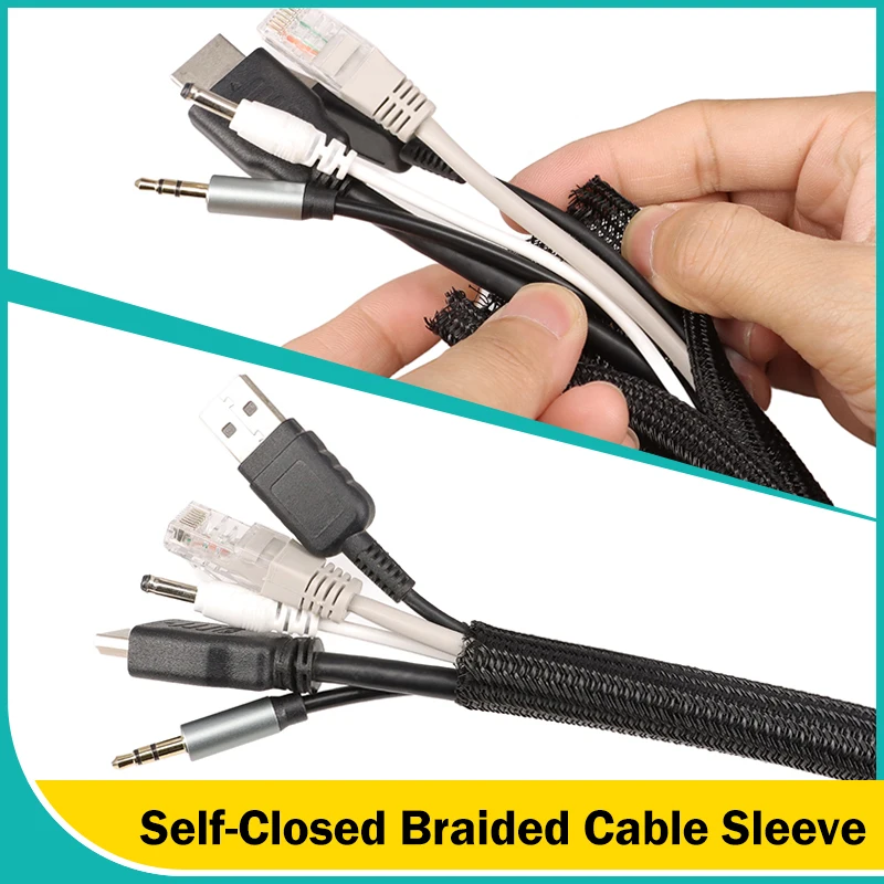 Черная самозакрытая кабельная муфта 3 мм ~ 60 мм ПЭТ-оплетка для USB-кабеля Шнур питания ТВ Компьютер Домашняя автоматическая линия Разделенная защитная оболочка