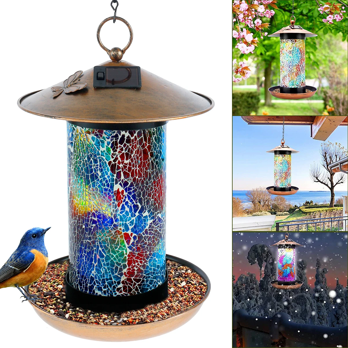 

Outdoor Solar Bird Feeder Hanging Bird Food Metal Holder Lawn Lamp Colorful Bird Feeder Garden Decor Outdoor Hanging Solar Light