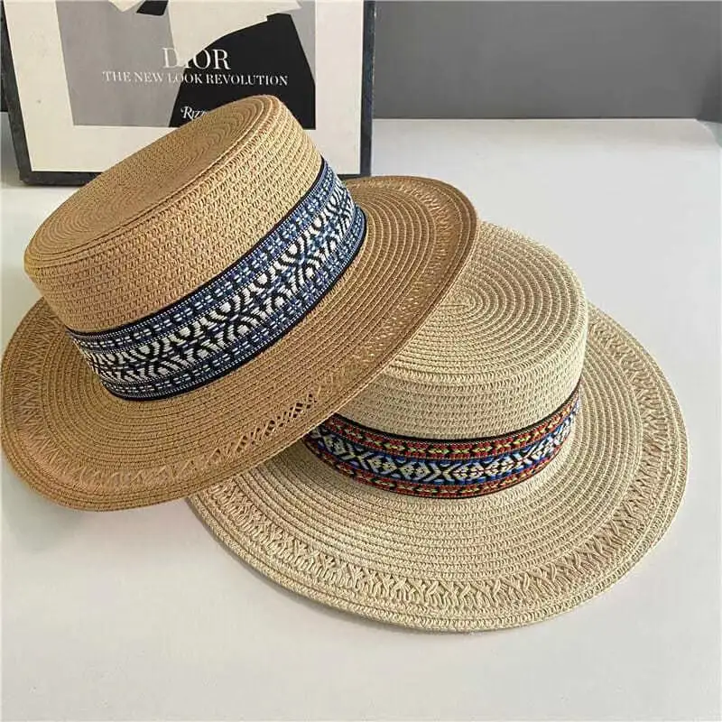 

National wind Straw hat women Jazz Panama Seaside Beach cap summer travel wide brim Sun Protection Visor hat Fedora Top Flat Cap