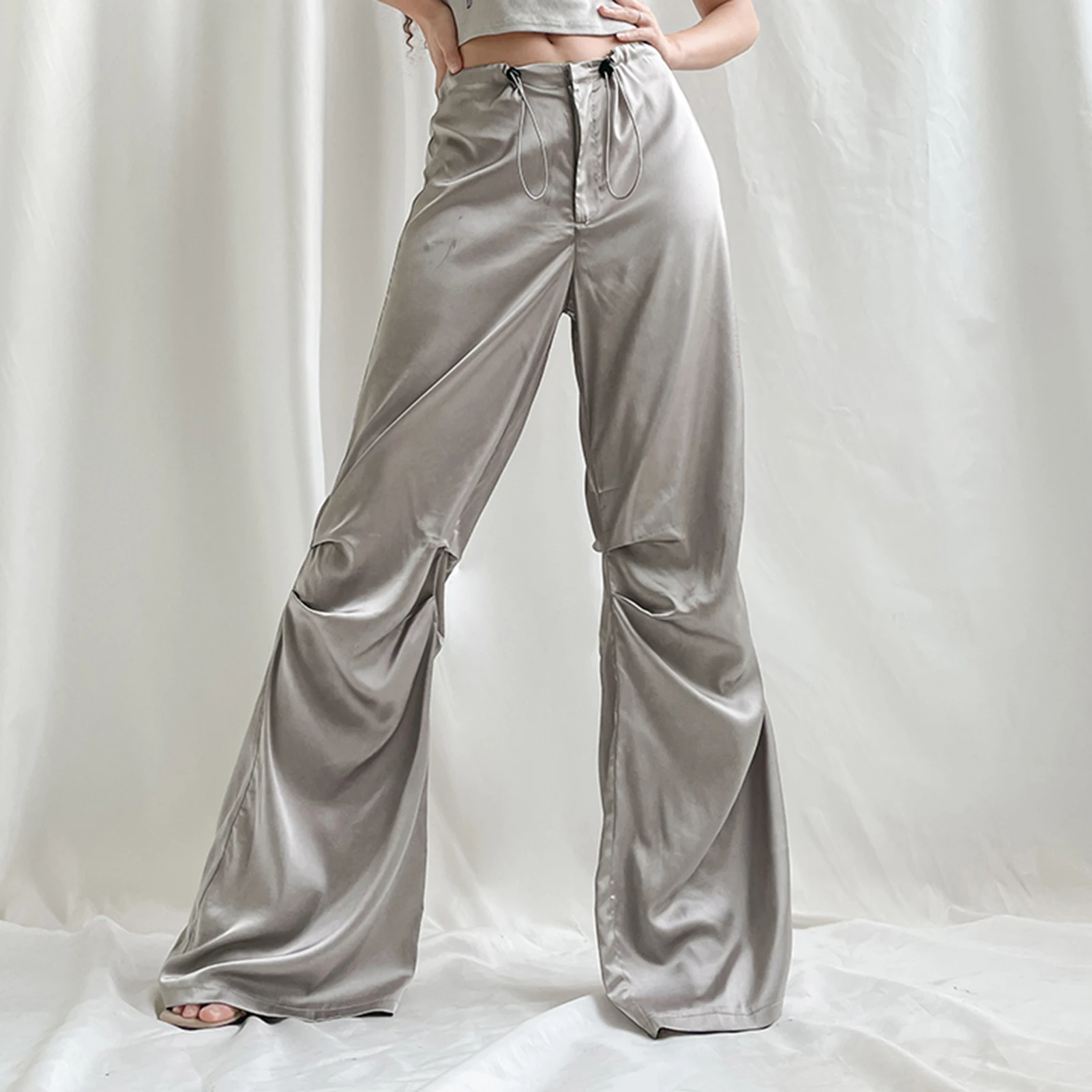 

Ladies Satin Pleated Pants Solid Color Women Summer Long Pants Drawstring Low Waisted Sexy Style Loose Fit Daily Outfit