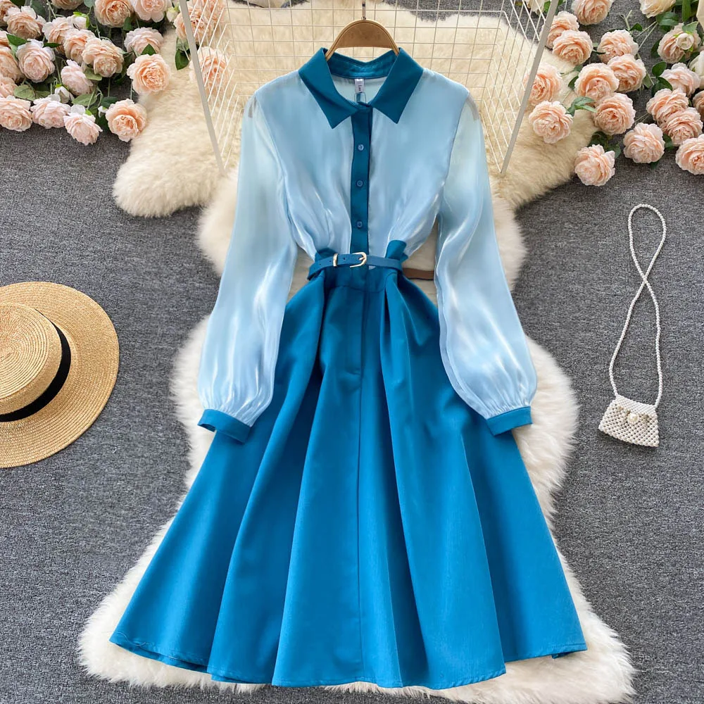 Женское платье-трапеция с длинным рукавом и воротником-поло | Женская одежда