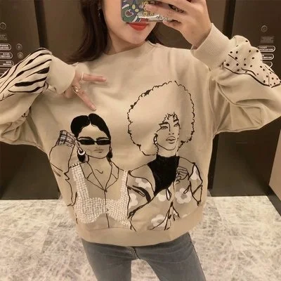 

Charater Print Women Gray Sweatshirts Oversize Long Sleeve O Neck Loose Pullovers Female Tops