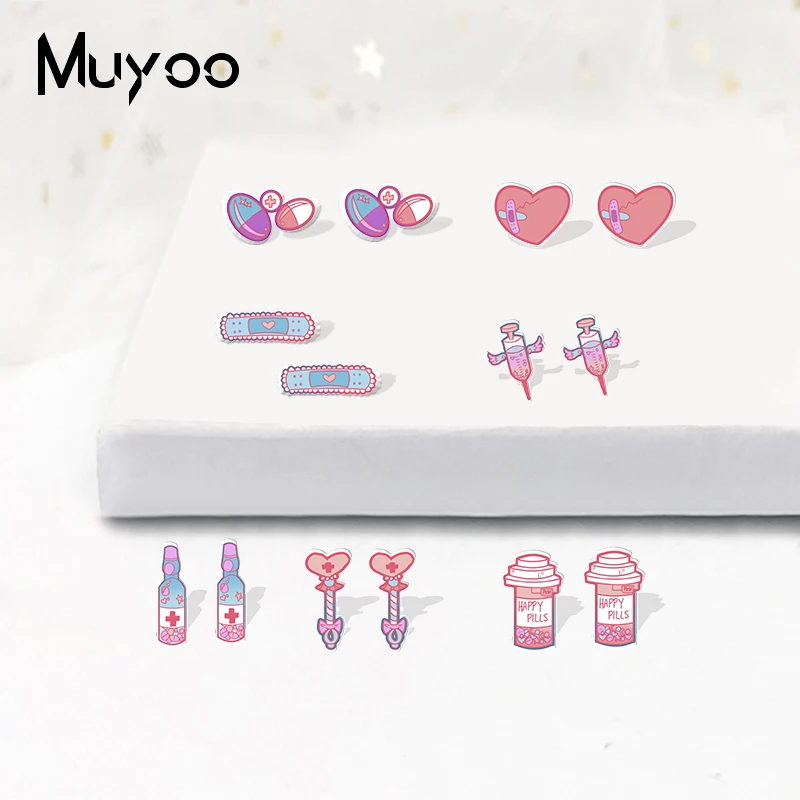 

2022 New Arrival Fashion Happy Pills Heart Nursing Graffiti Things Handcraft Kawai Epoxy Acrylic Stud Earrings