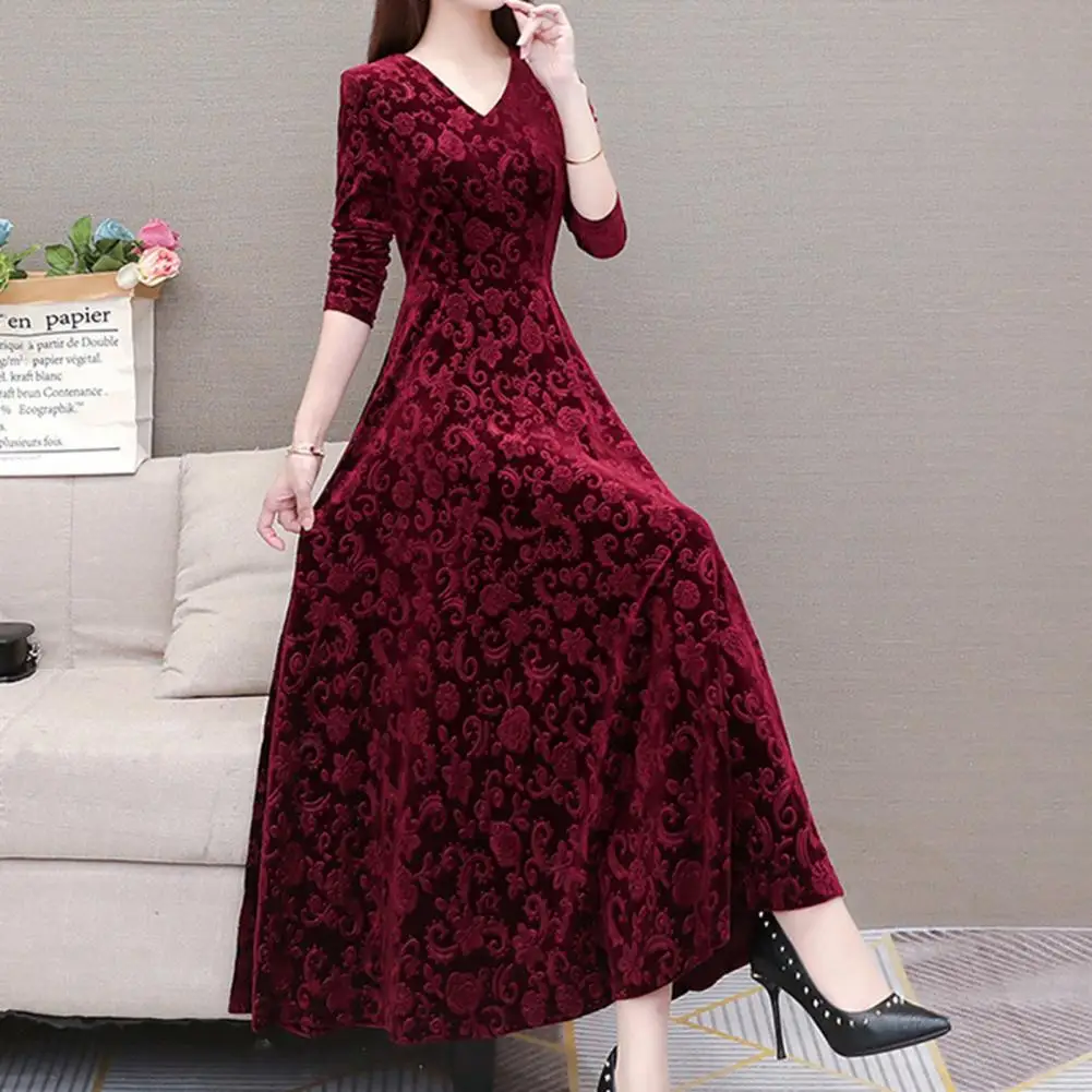 Velvet Women Dress Elegant Autumn Women Long Sleeve Pleated Swing Large Hem Velvet Party Dress Waist Tight A-Line Maxi Dresses