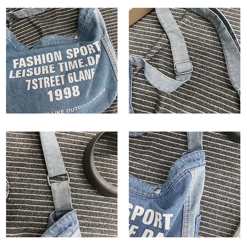 Letter Print Denim Shoulder Bags For Women Qualitied Shopper Eco Bag Korean Canvas Messenger Bag Y2K Satchel Adjustable Strap